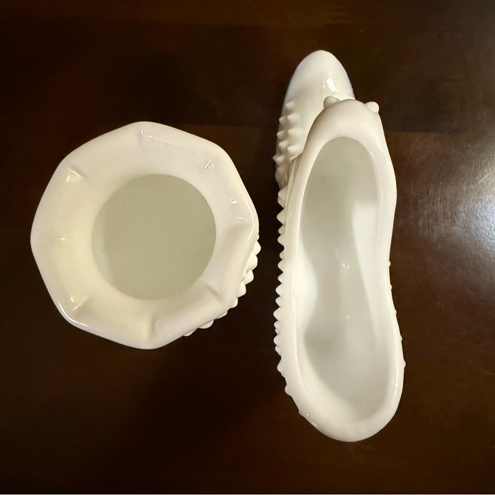 Antique White Hobnail Vase and Shoe Figurine Set - Picture 3 of 9
